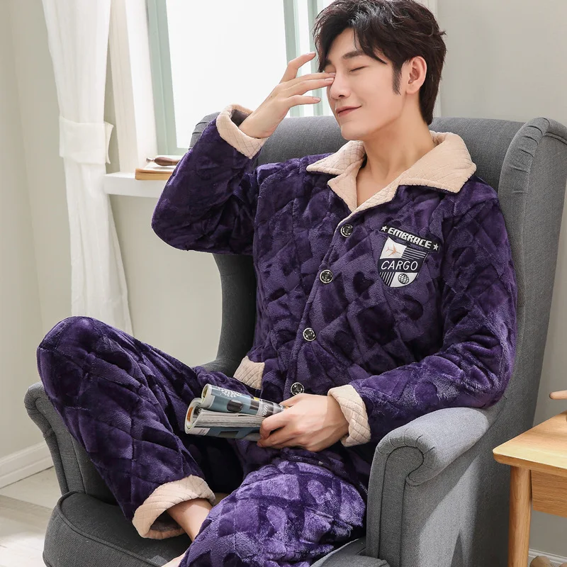 

Coral Velvet Quilted Pajamas Men's Winter Thick plus Velvet Warm Cotton-padded Jacket Three Layer Tracksuit Dissection Set 2883