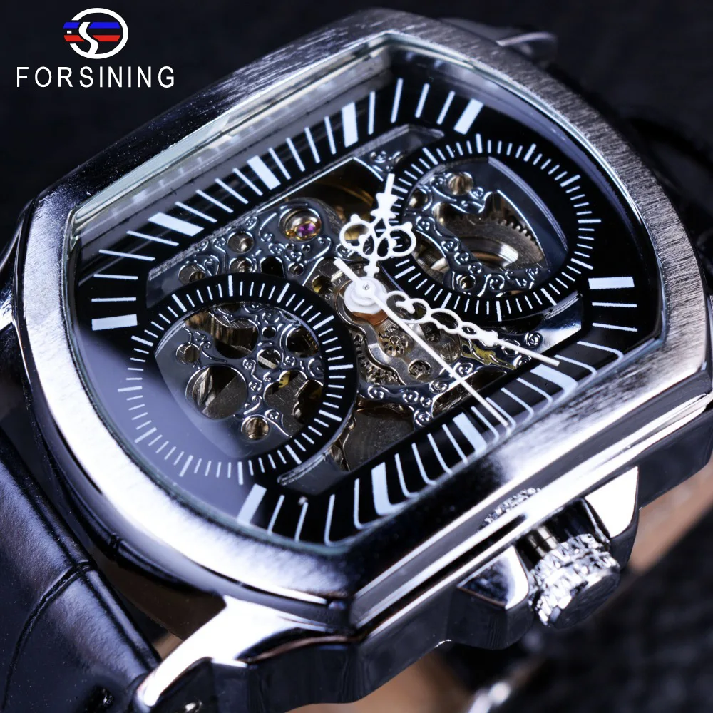 

Luxurious Men's Casual Watch Fashion Automatic Square Hollow Mechanical Watch High Quality Genuine Leather Strap Black