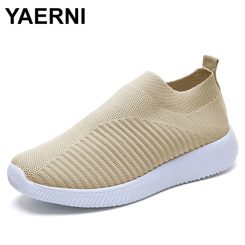 

YAERNIAutumn shoes soft air mesh women sneakers female sock knitted vulcanized shoes Casual Slip On ladies flat shoes womanE1269