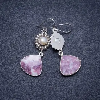 

Natural lepidolite and River Pearl Handmade Unique 925 Sterling Silver Earrings 2" X4516