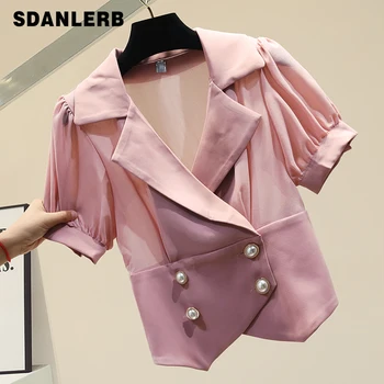 

V-neck Shirt for Women Short Sleeve White Chiffon Blouse Female 2020 Summer Office Lady's Shirts All-match Office Woman Tops