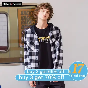 

Metersbonwe 2020 Spring New Men Long Sleeve Cotton Shirt Loose Plaid student Shirt Leisure Retro With cap Shirt Men