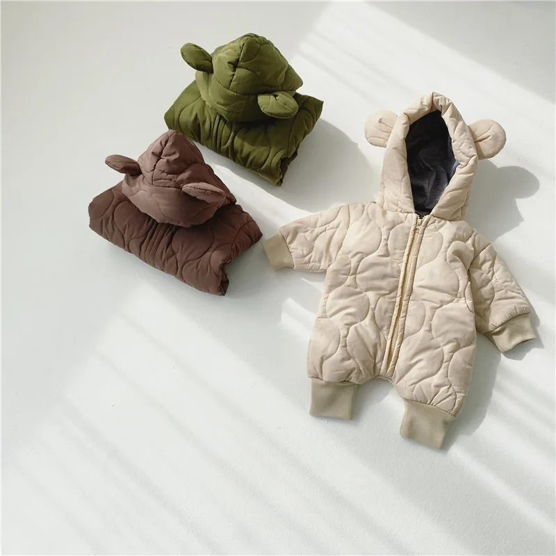 Зимний Детский комбинезон для мальчиков и девочек, плотный теплый костюм с капюшоном и рисунком медведя для ползания