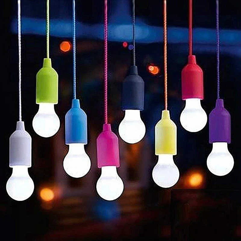 LED Hanging Light Bulb Battery Powered Colorful Pull Cord Bulbs LED Drop Lamps For Outdoors Camping Home Garage Patio And Tent