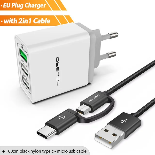 1 eu charger 1 cable Быстрая зарядка 3,0 Usb зарядное устройство 3 порта настенное зарядное устройство Кабель-адаптер для мобильного телефона Qc 3,0 3A Быстрая зарядка для iphone xiaomi huawei - Тип штекера: 1 eu charger 1 cable
