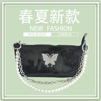 

Female Bag 2020 Butterfly Rhinestone Pearl Chain Small Bag Single Shoulder Bag Hand-held Underarm Bag Texture Bag #40