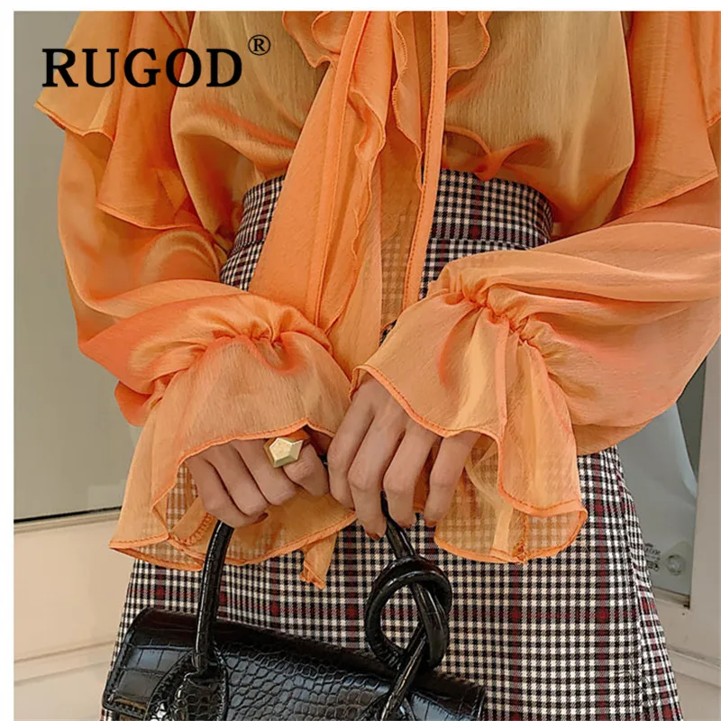 RUGOD корейский стиль Шикарный Waveselvedge v-образный вырез элегантная оранжевая блузка женские зимние топы для женщин Мода
