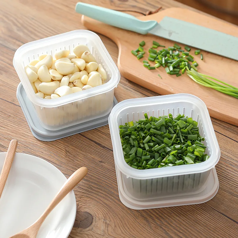 

Green Onion Freshness Box Plastic Square Burdening Cooler Box with Lid Refrigerator Water Draining Storage Box Ginger And Garlic