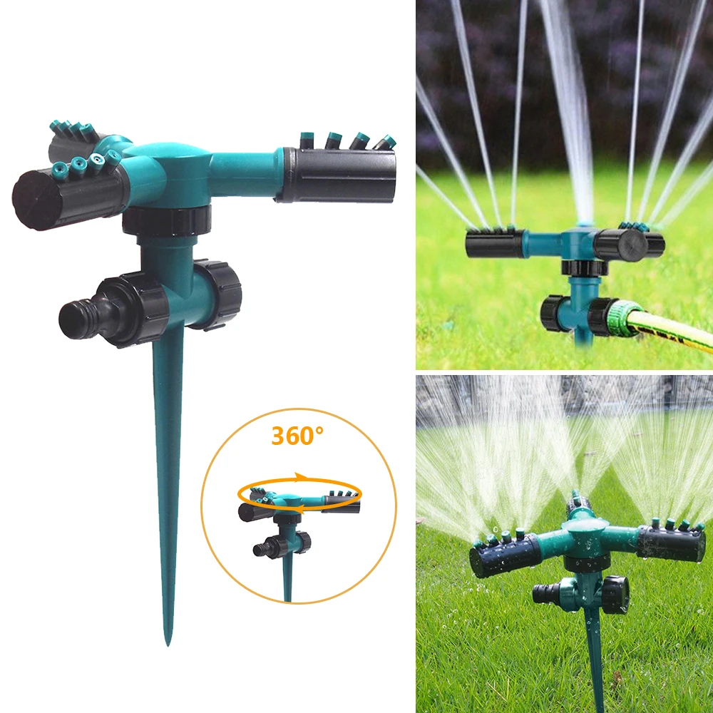 Lawn Pin Shaped Chassis Three Fork Sprinkler Water Spray Device Automatic 360 Rotating Garden
