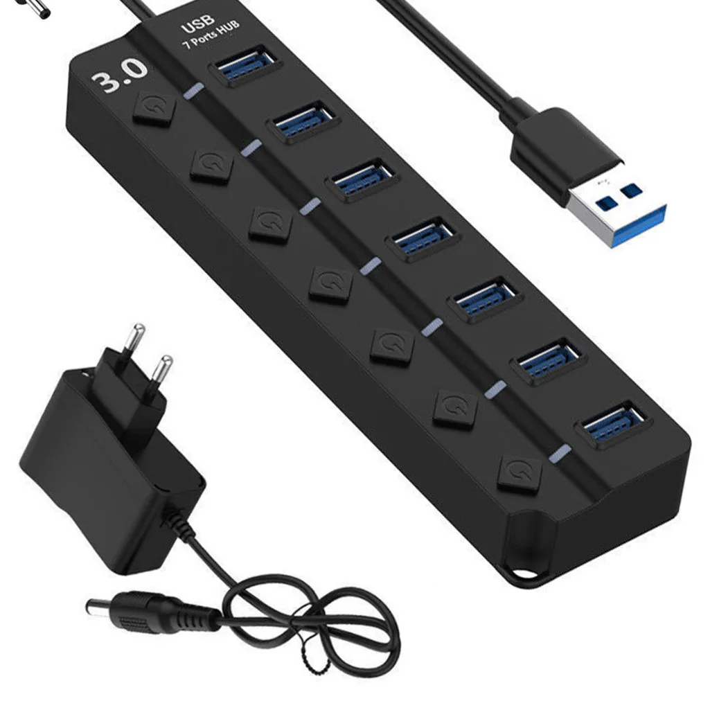 Ouhaobin usb-хаб USB 3,0 USB 2,0 7 портов 5 Гбит/с Высокая скорость включения выключения переменного тока адаптер питания для ПК - Цвет: BLACK