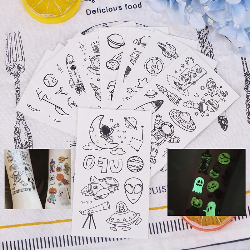 

10x sheets Christmas Glowing Tattoo Sticker Cute Space Ship Decal Luminous Removable Decoration Body Art Cartoon Tatto