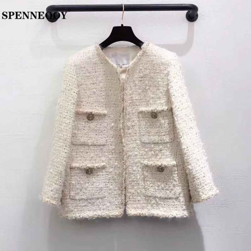 

SPENNEOOY Designer Custom Runway Female Fashion Spring High-End Overcoat Outwear Women Long Sleeve Polka Dot Sequined Weave Coat
