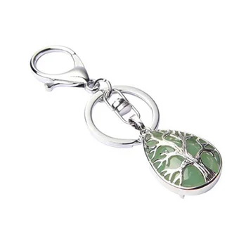 

FYJS Unique Silver Plated Circle Lobster Clasp Green Aventurine Water Drop Key Chain Tree of Life Jewelry