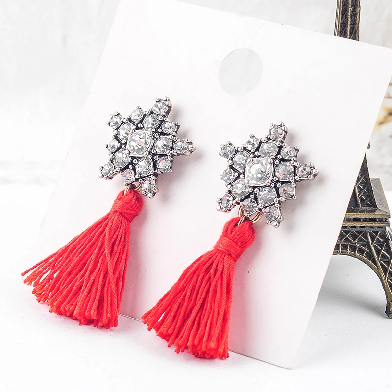 

2019 KPOP Red Tassel Crystal Snowflake Earrings OL Style Dangling Ethnic Earrings for Women Costume Jewelry