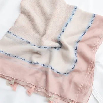 

Small fresh silk scarf Japanese and Korean tender powder striped tassel cotton scarve summer shade sun-proof shawl