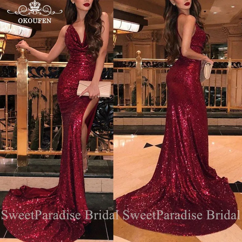 Блестящие блестками бордовый вечернее платье халат De Soiree Спагетти ремень Сторона Сплит Русалка Длинные Выпускные платья для женщин