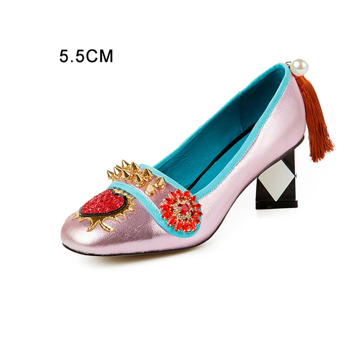 pink 5.5cm Женская обувь с кисточками; женские туфли-лодочки из натуральной кожи на высоком каблуке с заклепками; sapato; аппликация со стразами; женские туфли-лодочки; tacones mujer femme - Цвет: pink 5.5cm