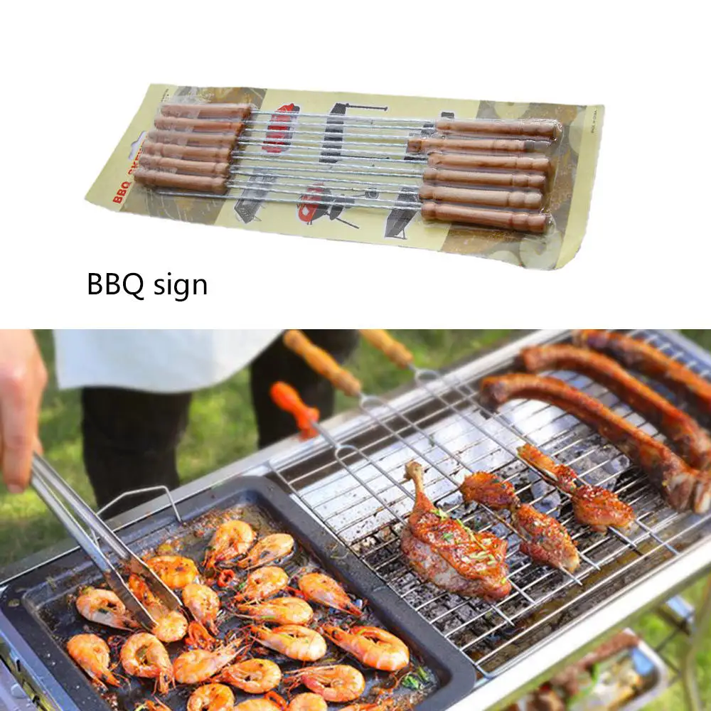 6 x Reusable Stainless Steel Barbecue Skewers U-Shaped Grilling Fork with Wooden Handle Calmson BBQ Marshmallow Roasting Stick Set Double Prongs 