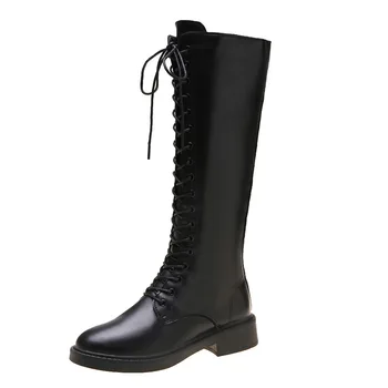 

SHUNRUYAN Lace up Pointed Toe Party Shoes Calf Knee-high Long Boots Winter Shoes Women Shoes Boots High Heels Boot