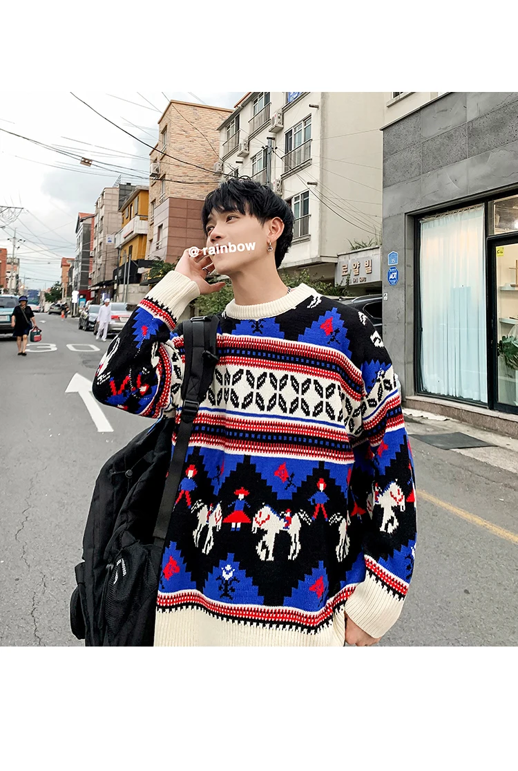 Winter Men's Red Blue Yellow Color Loose Pullover Round Neck Printing Knitting Keep Warm Man Sweater High-quality Coat M-2XL