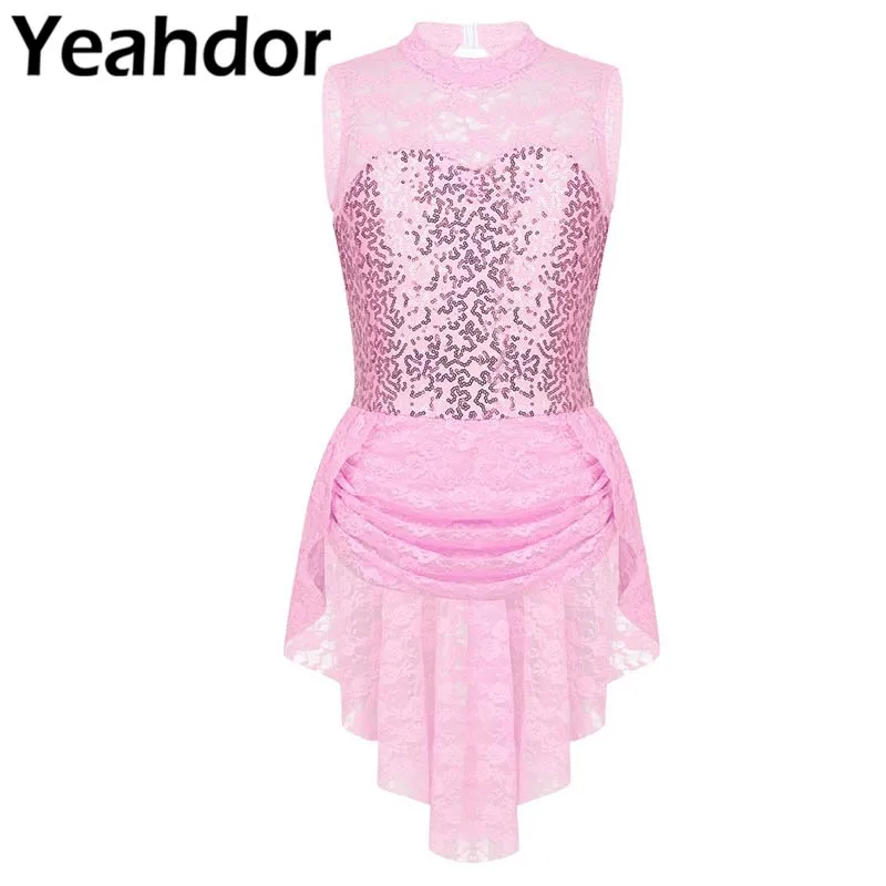 

Kids Girls Dancewear Sleeveless Floral Lace Sequins Keyhole Back Figure Ice Skating Roller Skating Ballet Dance Leotard Dress