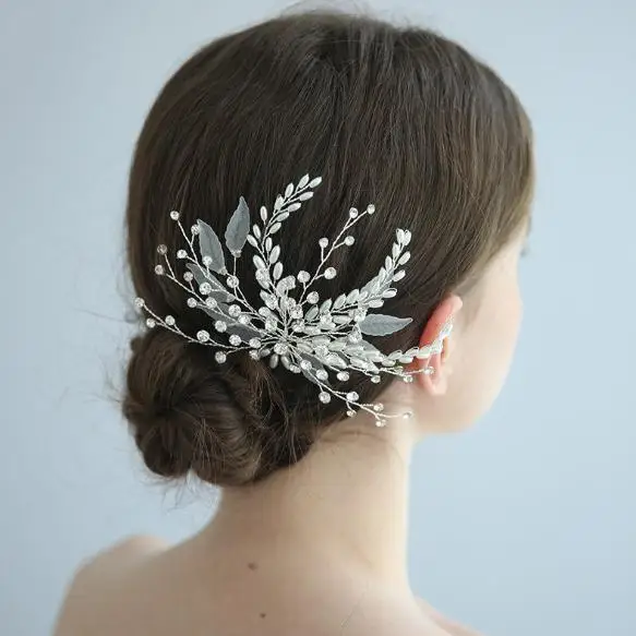 

Silver Bridal Hair Pin Vine Rhinestones Pearl Hairpin Lead Headpeice Headdress For Women Party Wedding Accessories Bride Jewelry