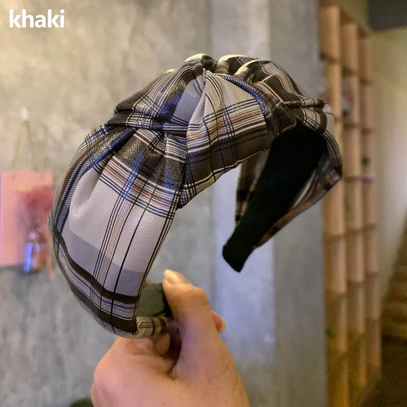 Plaid khaki Ретро завязанная повязка на голову ручной работы из искусственной кожи ободок с бантиком женские аксессуары для волос Меховой обруч на голову корейский модный головной убор - Цвет: Plaid khaki