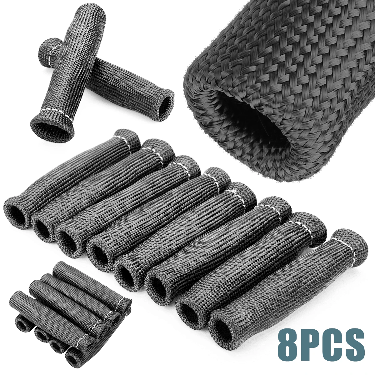 8PCS 2500° Spark Plug Wire Boots Protectors Black Sleeve Heat Shield Cover