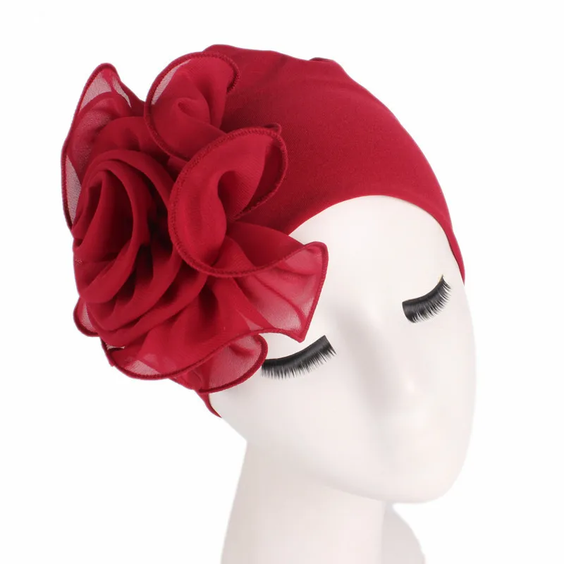 Женский большой цветок Эластичный Тюрбан Дамские элегантные модные аксессуары для волос химиотерапия шляпа голова банданы шарфы - Цвет: Бордовый