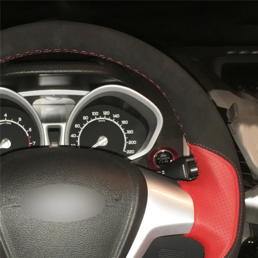 Прошитый вручную черный замшевый винно-красный кожаный чехол на руль для Ford Fiesta 2008- EcoSport