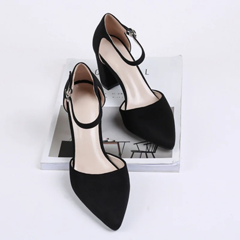 

A- line Strap Sandals Women's 2019 Summer New Style Closed-toe Pointed Toe Chunky Heel High Heel Shoes Hallow Semi-high Heeled S