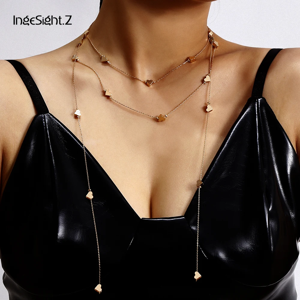 

IngeSight.Z 2Pcs/Set Multilayer Punk Copper Love Heart Choker Necklace Charm Gold Color Long Chain Necklace for Women Jewelry