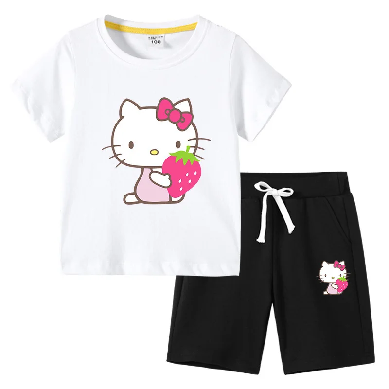 thumbnail image 1 of Camiseta con estampado de dibujos animados de verano de Hello Kitty + Pantalones casuales traje de dos piezas de manga corta de algodón para niños y niñas pueden usar, 1 of 5