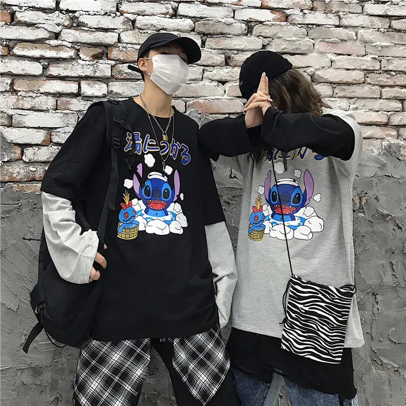 Для женщин Harajuku Винтаж футболка с длинным рукавом для девочек; корейский в стиле "петчворк" с надписями и принтом с О-образным вырезом, с эластичной резинкой на весну и зиму Топ Femme