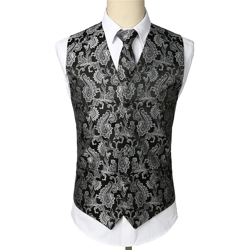 Men's Black Classic Paisley Jacquard Waistcoat Vest Handkerchief Party wedding Tie vest Suit Pocket