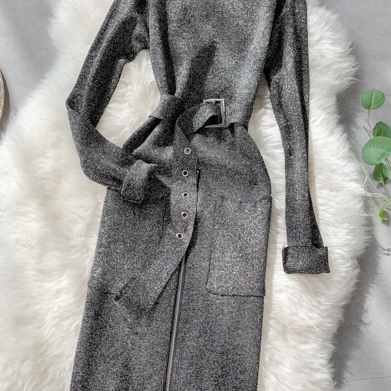 Amolapha Женские однотонные вязаные платья на молнии с воротником-стойкой и разрезом, осенне-зимнее трикотажное платье-свитер