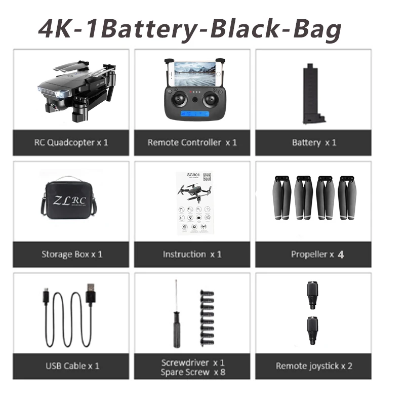 4K 1B Black Bag ZLL 2019New SG901 камера Дрон 4K HD Двойная камера дроны следящие за мной Квадрокоптер FPV Профессиональный длительный срок службы батареи - Цвет: 4K 1B Black Bag