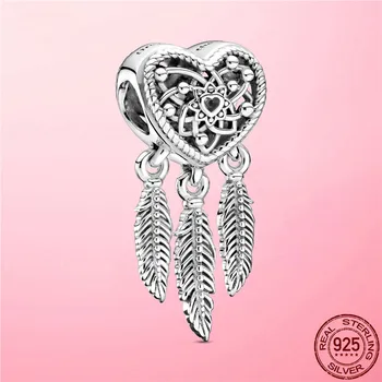

2020 New 925 Sterling Silver Openwork Heart & Three Feathers Dreamcatcher Charm Beads fit Original Bracelet Necklace 925 jewelry