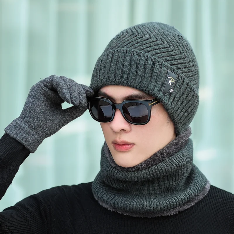 Winter Hat Set Scarf Glove 3 Pieces For Men And Women Outdoor Knitted Hat Warm Thicken Skullies Beanie Scarf Set
