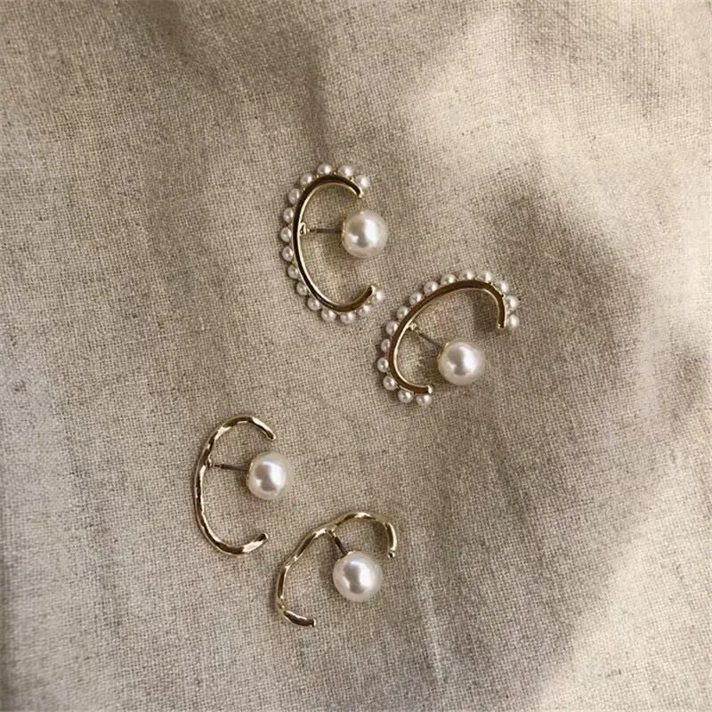 AOMU Korean Chic Style S925 Sterling Silver Pin Gold Metal Curved Wave Line Pearl Circle Earrings for Women Girl Jewelry Set