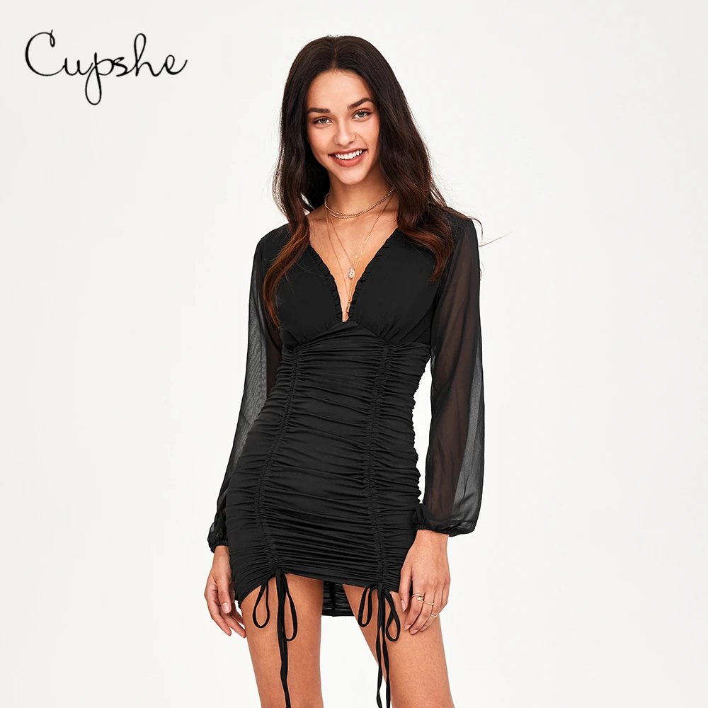 CUPSHE Black Mesh Ruched Mini Dress Women V neck Long Sleeve Sexy Dress