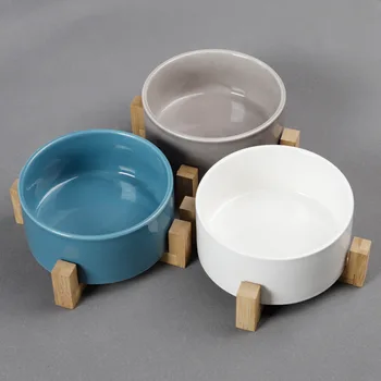 

@HE INS Wind Monochrome Ceramic Dog Bowl Cross Bamboo Wooden Frame Thickening Extra Large Pet Ceramic Feeder Bowl