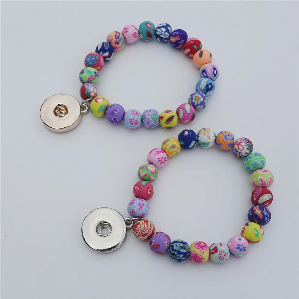 

Power Polymer Fimo Clay Beads Bracelet 18mm Snap Buttons Charm Boho Spring Little Kids Girls Stretch Jewelry 12 Pieces /lot
