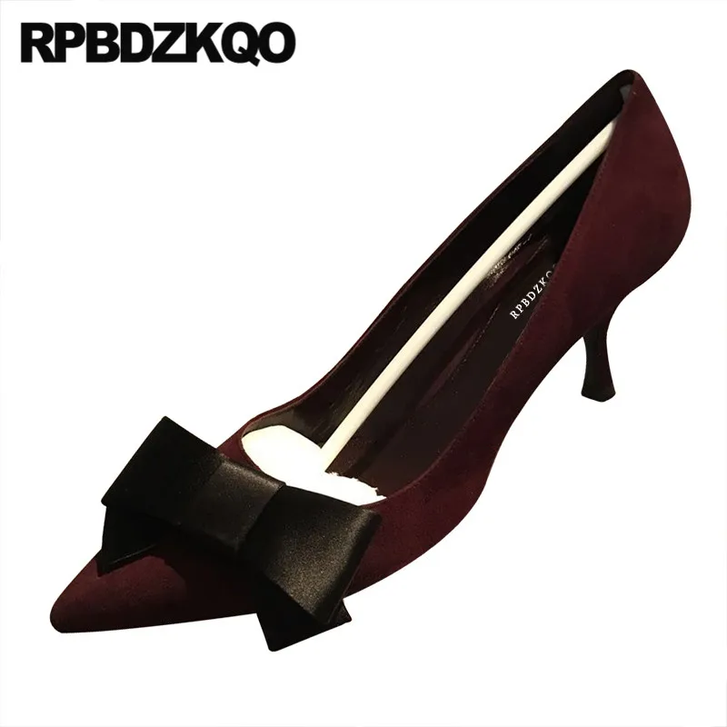 

casual autumn luxury ladies suede pumps thin high heels wine red fashion pointed toe shoes 2019 scarpin bow stiletto size 4 34