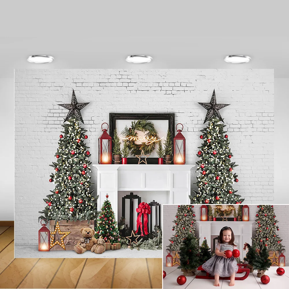 

Merry Christmas Photo Background White Brick Wall Fireplace Winter Christmas Trees Backdrop Photography Toys Lamp Photocall