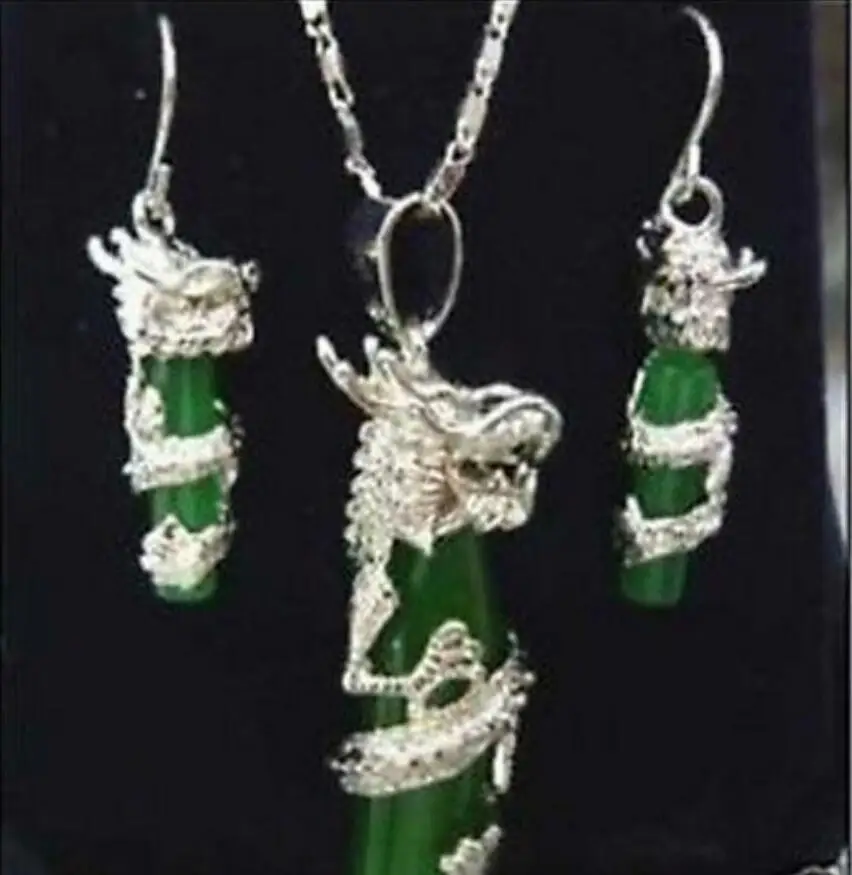 Jewelry Set green jade silver plate dragon Necklace earring set&gt^^&gt18K gold plated watch Quartz stone CZ crystal Free Shipping |