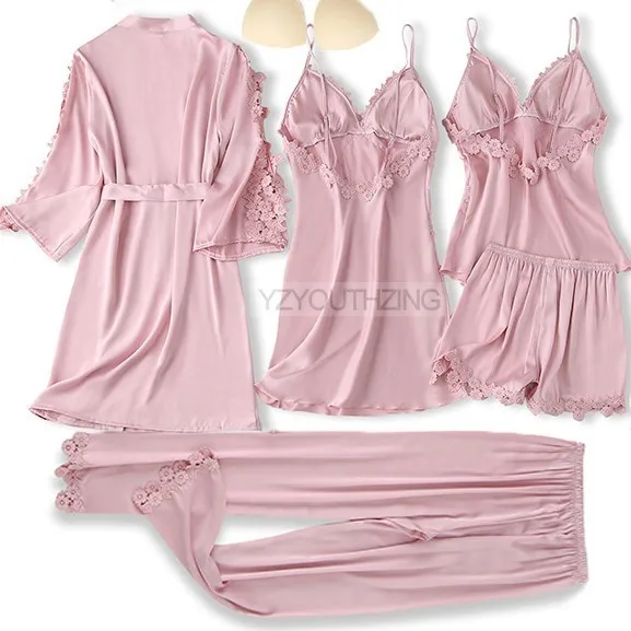 Women Sleepwear Bride Robes Sleepwear Pajamas 5PCS Robe Suit Satin Women Nightwear Lace Kimono Gown Bridal Wedding Bathrobe Set