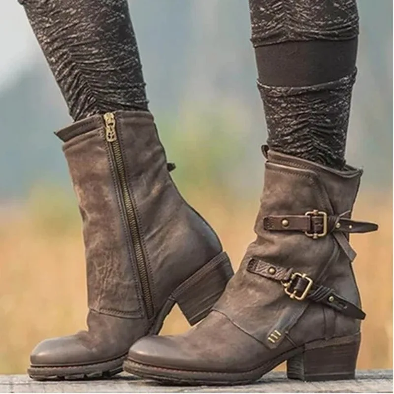 

ARSMUNDI Women Ankle Boots Western Retro Leather Heels Solid Pattern Sewing Botas Mujer Female Side Zipper Boots M905