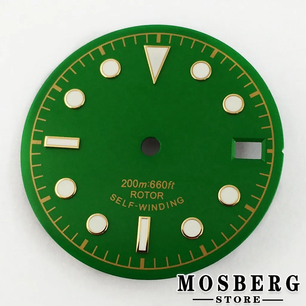 Sterile Luminous Black and Green Watch Dial with Date Window and Hands - 28.5mm