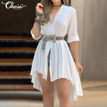 

Celmia Women Chic White Long Blouse 2020 Summer Asymmetrical Lapel Neck Pleated Shirt Solid Female Casual Tops Blusas Femininas